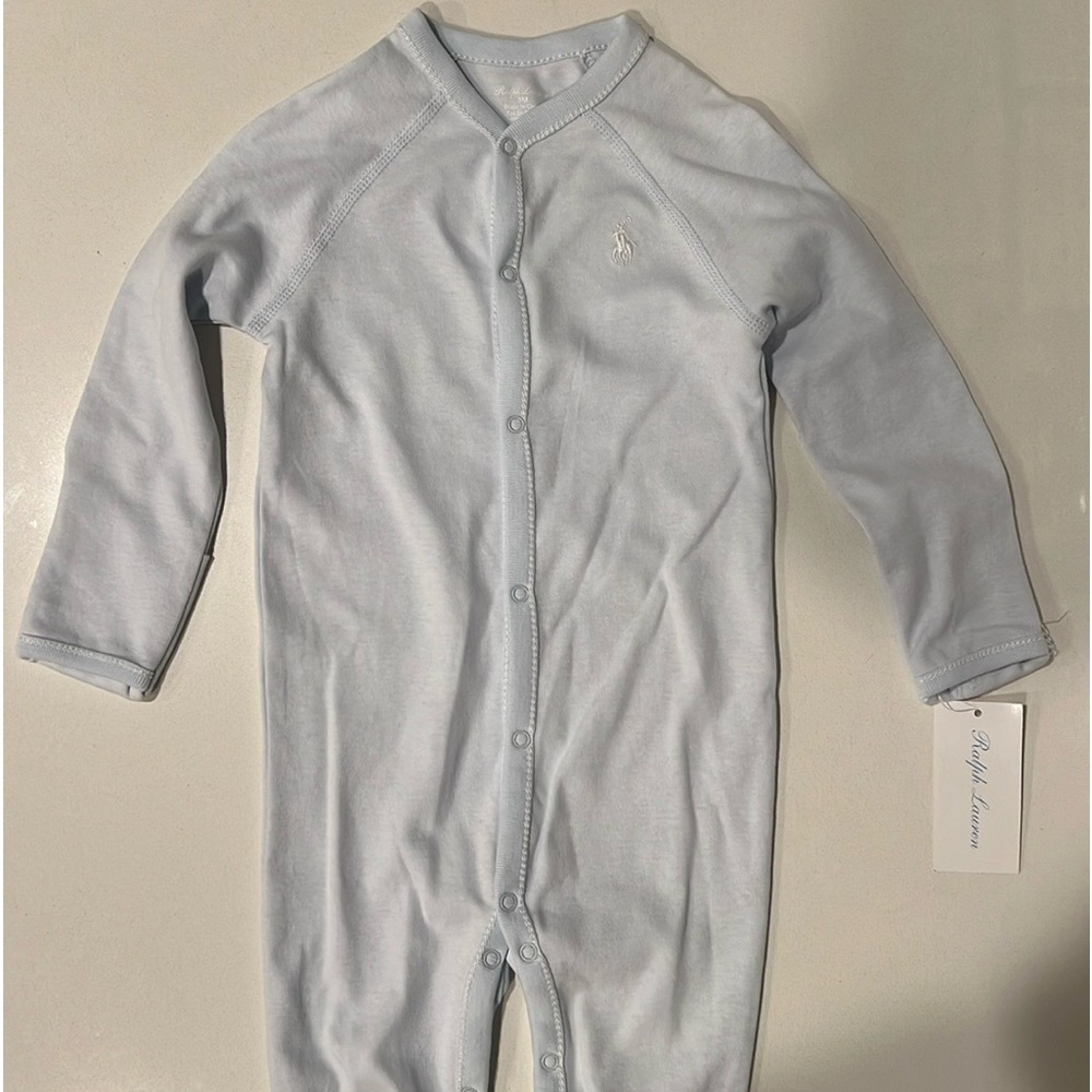 NWT BEAUTIFUL! “Ralph Lauren” Pearl Blue Footed Onesie! Size 9 Months!